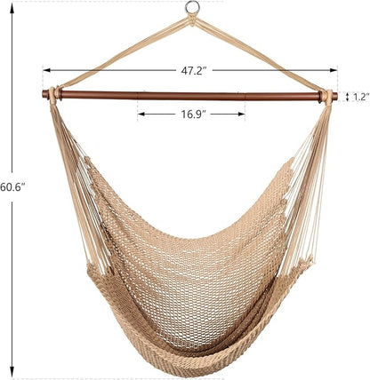 Upgraded Caribbean Hammock Chair with Detachable Metal Bar, Large Hammock Swing Chair, XL Rope Hanging Chair for Outdoor Indoor, 330 LBS Weight Capacity, Burlywood