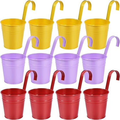 OBTANIM 12 Pack Metal Hanging Flower Pots Railing Planter Outdoor Fence Hanging Bucket Plant Holder with Detachable Hooks Drain Holes for Home Garden Yard Decor (Yellow Purple Red, 4 x 4 Inch)