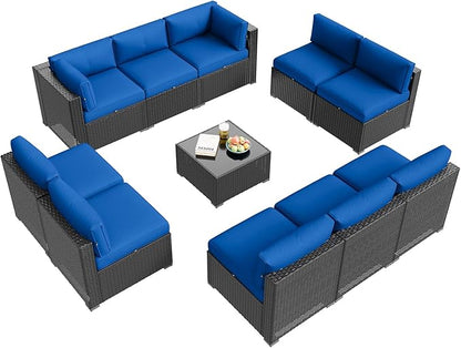 Aoxun Patio Furniture Set, 11 Piece Outdoor Sectional Sofas with Waterproof Cover, 10 Seats Wicker Rattan Outdoor Furniture Patio Conversation Set for Backyard, Garden Navy Blue