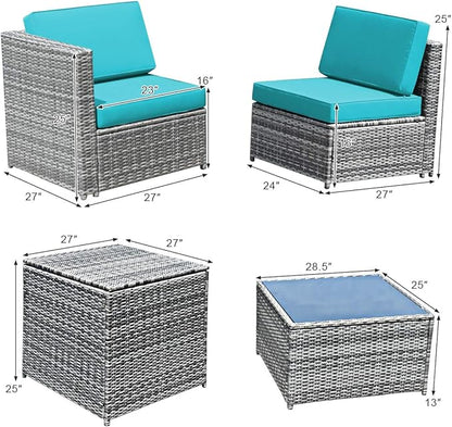 Tangkula 8 Pieces Wicker Patio Furniture Set with Storage Deck Box, PE Rattan Outdoor Sectional Conversation Set with Coffee Table & Cushions, Outside Furniture for Garden Yard Poolside (Turquoise)