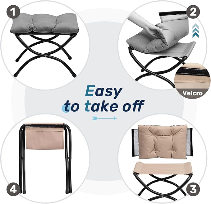 AbocoFur 15"(H) Folding Footrest Stool, Accent Padded Sofa Foot Stool for Lazy Chair, Upholstered Small Foldable Ottoman, Metal Frame Portable Foot Rest Ottoman for Living Room, Bedroom, Lake Blue