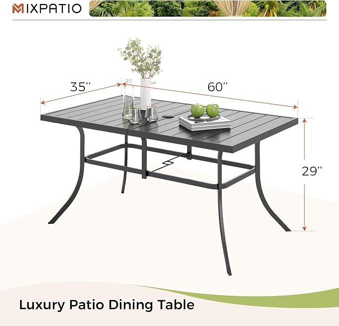 Dining Table for 6, Black Metal Rectangular Patio Table with Umbrella Hole