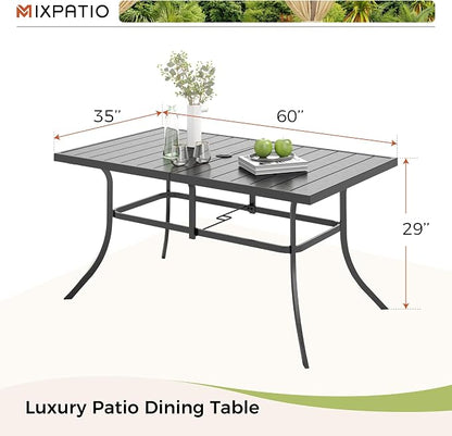 Dining Table for 6, Black Metal Rectangular Patio Table with Umbrella Hole