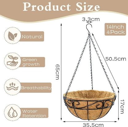 Outdoor Metal Hanging Planters Basket (4pack, 14 inch) Hanging Baskets for Plants Chain Round Wire Plant Holder with Coco Fiber Liners for Garden, Patio, Deck, Porch(Flower Border)