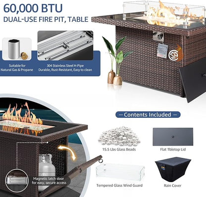 NICESOUL Outdoor Patio Furniture Set with Fire Pit Natural Gas/Propane, 29.3'' High-Back XL Large Conversations for Exteriors, 9-Seater Wide Deep Seating Rattan Sectional Sets, Brown and Black