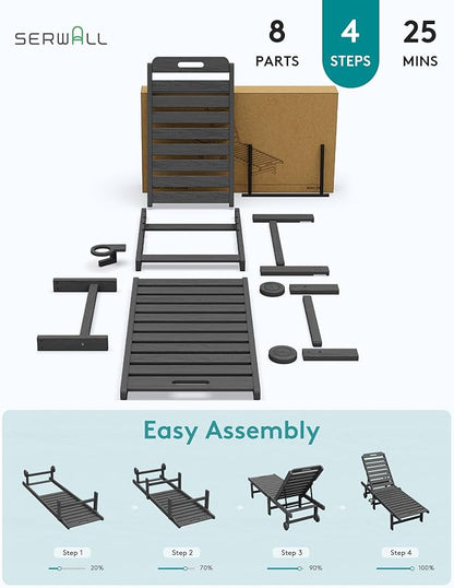 SERWALL Outdoor Chaise Lounge Set of 2 with 9FT Patio Umbrella, HDPE Pool Lounge Chair with 5-Position Adjustable Backrest, Patio Lounger with Rolling Wheels & Cup Holder for Pool, Grey