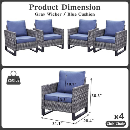 Belord Outdoor Wicker Chair Patio Chairs Set of 4, All Weather Rattan Club Chairs 4 Piece Furniture Set with Leveling Feet Water-Resistant Cushion Anti-Rust Frame