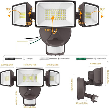 Onforu 75W LED Flood Light Motion Sensor Outdoor, 7000lm Dusk to Dawn Flood Light, Security Light with Three Head, IP65 Waterproof Exterior Floodlight, 6500k Wall Light for Entryway Stairs Yard Garage
