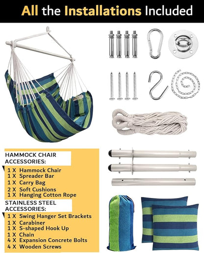 XXL Hammock Chair Hanging Rope Swing with 2 Cushions - Max 500lbs-Perfect for Patio, Porch, Bedroom, Backyard, Indoor or Outdoor - Includes Hanging Hardware Kits