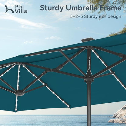 PHI VILLA 13ft Patio Umbrella with Solar-Powered 120 PCS LED Color-Changing Lights, Triple-Head Large Rectangle Umbrella Outdoor Patio for Table with Crank Lift,Cyan(No Base)