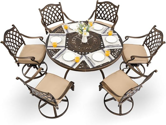 7-Piece Cast Aluminum Patio Furniture, Patio Dining Set for 6 Include 54" Round Outdoor Dining Table and 6 Swivel Chairs with Cushions & Umbrella Hole (Bronze)