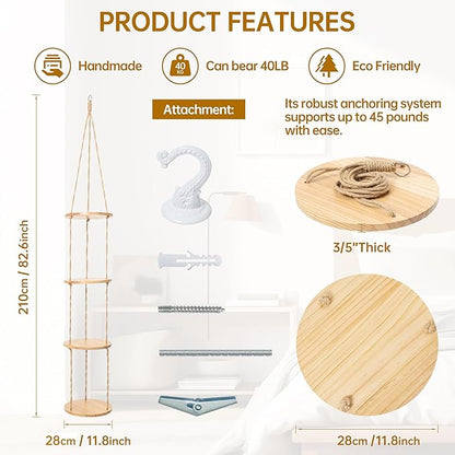 Hemp Rope Hanging Plant Shelf from Ceiling for Narrow Space Boho Hanging Plant Shelves, Natural Pine Wooden Plant Stand Display for Indoor, Outdoor, Corner, Balcony, Living Room and Bedroom