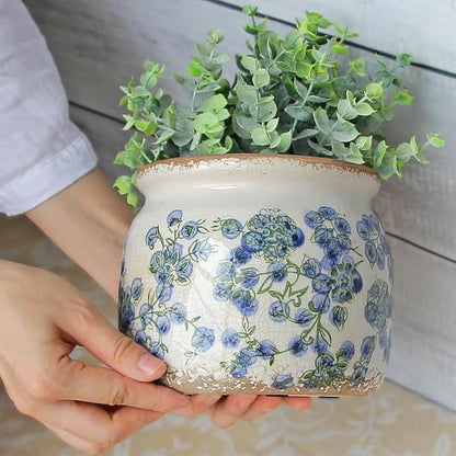 Ceramic Planters Spring Decor, 6.29in Country Cottage Plant Pots with Drainage Hole for Indoor Plants & Succulent, Vintage Crackle Glaze Finish Flower Vase, Home Decor Gifts, Deep Blue Floral