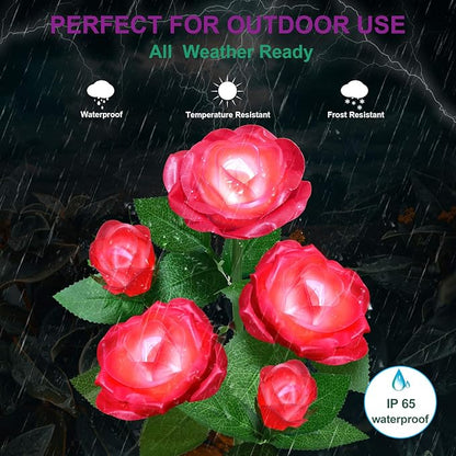 Solar Flower Lights Outdoor - Upgraded New Material Two Modes Realistic LED Solar Powered Waterproof Lights with 5 Roses, Solar Decorative Stake Lights for Garden (Red, 1 Pack)