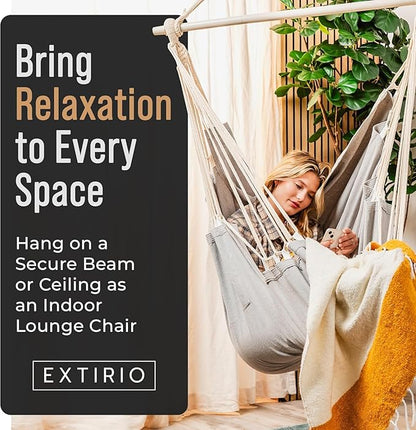 Hanging Hammock Chair Swing – Hanging Chair Outdoor & Indoor - Hammock Swing Chair – Quick & Easy Setup with Hardware Kit – Durable & Spacious Full Body Support with 2 Plush Cushions – Holds 440 Lbs