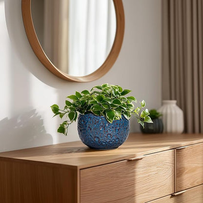 6 Inch Plant Pot - Ceramic Pots for Plants with Drainage Hole, Round Orchid Pot, Unique Planter for Indoor Outdoor, Modern Decorative Flower Pots, Room Decor, Plant Lovers Gifts, Retro Blue