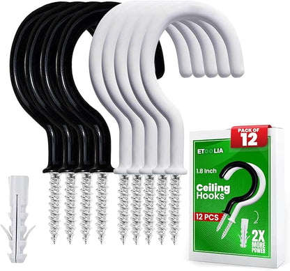 12 Pcs Ceiling Hooks for Hanging Plants, Cups, Utensils and Christmas String Lights, 1-1/4 inch Vinyl Coated Screw-in Plant and Cup Hooks for Wooden and Drywall with Anchors - White & Black