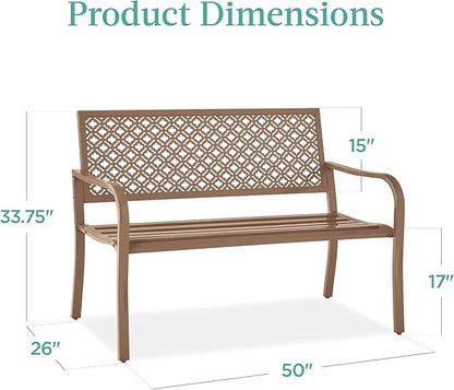 Best Choice Products Outdoor Bench 2-Person Metal Steel Benches Furniture for Garden, Patio, Porch, Entryway w/Geometric Backrest, 790lb Capacity - Taupe
