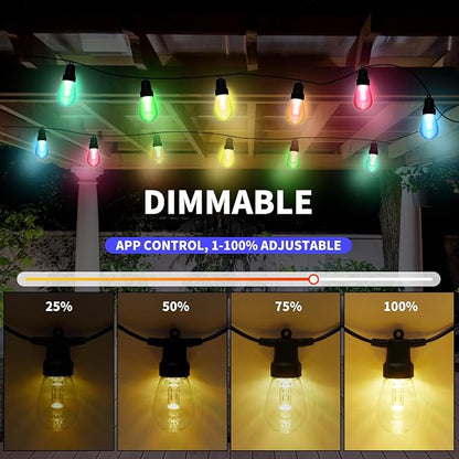 Outdoor String Lights 75FT, Outdoor Lights for Patio with 30 Dimmable RGBW LED Bulbs, IP66 Waterproof Shatterproof, with APP Control & Remote, 24V Adapter Color Change,for Backyard Decor