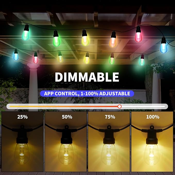Outdoor String Lights 50FT, Outdoor Lights for Patio with 20 Dimmable RGBW LED Bulbs, IP66 Waterproof Shatterproof, with APP Control & Remote, 24V Adapter Color Change,for Backyard Decor