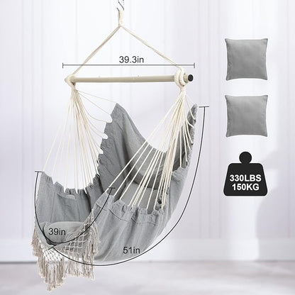 Hammock Chair, Hanging Rope Swing Seat with 2 Cushions,Macrame Hanging Chair Side Pocket with High Load-Bearing Metal Rod,for Indoor, Outdoor, Extra Comfortable