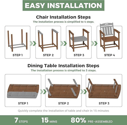 HDPE Outdoor Dining Set, Patio Table and Chairs Set, All-Weather 7-Piece Outside Table and 6 Chairs, 2" Umbrella Hole, Outdoor Furniture for Garden, Poolside, Backyard, Deck | Teak