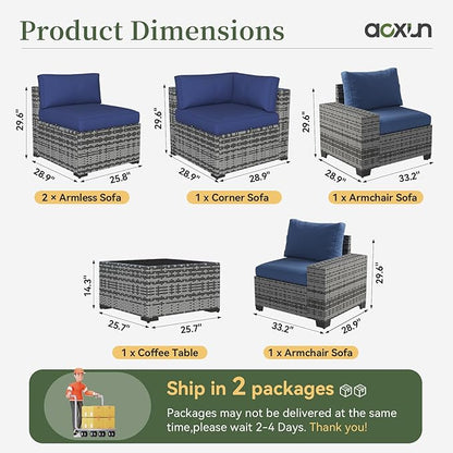 Aoxun 6 Piece Patio Furniture Set with Wide Armrests Wicker Rattan Outdoor Sectional Sofa Set with Coffee Table and Thickened Cushions, Grey/Blue(Waterproof Cover Included)
