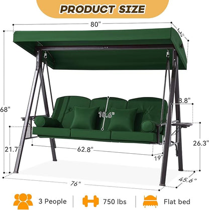 3 in 1 Outdoor Porch Swing with Canopy, 3 Seat Outdoor Swing for Adults, Patio Swing Chair with Thickened Cushions,Pillows & Cup Holders for Backyard, Porch, Garden (Green)