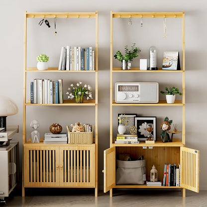 Bookcase with Drawers, 4-Tier Bamboo Bookshelf Ladder Shelf with 6 Hooks, Tall Narrow Book Shelf, 24.8"L x 10.6"W x 59.5"H, Standing Storage Organizer for Living Room, Home Office, Bedroom, Bathroom
