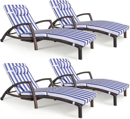Chaise Lounge Chairs Outdoor Set of 4, Comfy Outside Wicker Patio Pool Lounge Chair w/ 5 Adjustable Back Angle, Cup Holder, Thicken Cushion