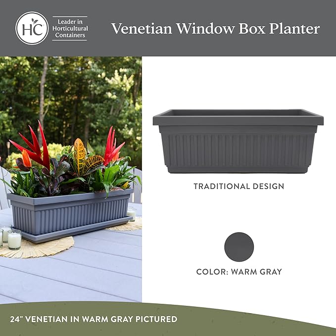 The HC Companies Venetian Window Planter Box w/Drain Plug - Long Planter Box for Windowsills, Balconies & More - Plastic Rectangular Outdoor Planters for Herbs & Flowers (18" Warm Gray, Pack of 1)