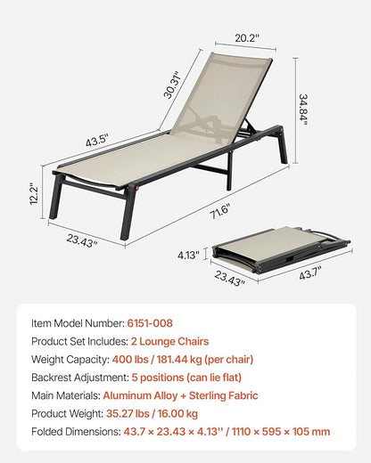 VEVOR Outdoor Chaise Lounge Chair Set of 2, 400 lbs Weight Capacity, Foldable Sun Tanning Chair, 5 Adjustable Positions, Easy Assembly, Aluminum Pool Recliner Lounge Chairs, for Beach Yard Patio