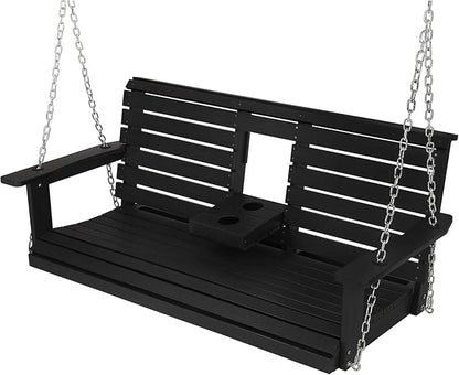 Poly Lumber 3-Seat Porch Swing, HIPS 5-Feet Bench Swing with Foldable Cup Holders,18/8 Stainless Steel Hardware, High Backrest and Deep Contoured Seat, Carbon Black