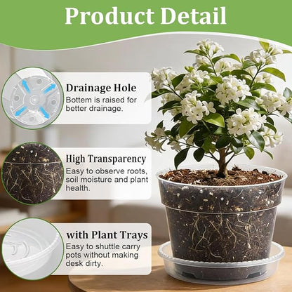 15 Pack 8/7/6 Inch Clear Nursery Pots with Saucer, Transparent Plastic Plant Pot with Drainage Hole, Sturdy Planting Starter Pots for Gardening Flower Herb Vegetable