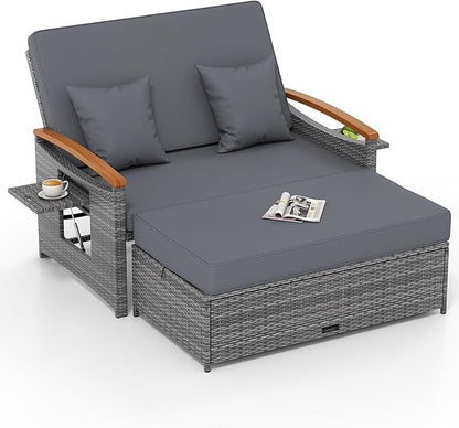 Tangkula Patio Rattan Daybed with 4-Level Adjustable Backrest, Outdoor Wicker Loveseat with Acacia Wood Armrest, Storage Ottoman & Folding Tray, Double Sunbed for Balcony, Backyard & Poolside (Grey)