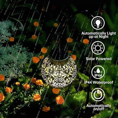 2 Pack Outdoor Solar Hanging Lantern Lights Metal LED Decorative Lamp for Garden Patio Courtyard Lawn and Table with Hollowed-Out Design (Antique Bronze)