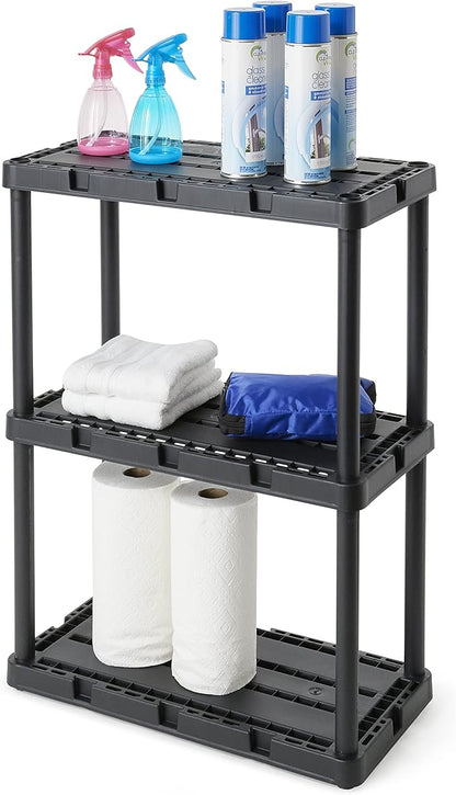 Gracious Living 2 Pack Light Duty Storage Shelves, Knect-A-Shelf 3-Shelf Ventilated Shelving Rack Organizer for Home, Garage, Basement, Laundry, Black