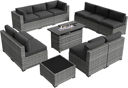 Aoxun Patio Furniture Sets, 12-Piece Outdoor Patio Furniture with 44'' Propane Gas Firepit Table, Wicker Outdoor Conversation Set Sectional Sofa for Backyard, Poolside, Garden