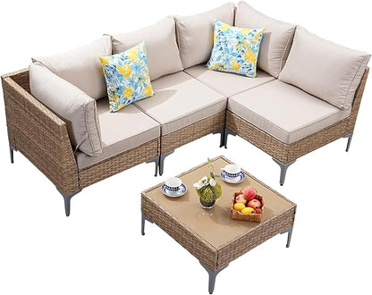 5-Piece Patio Furniture Set, Outdoor Wicker Sectional Sofa with Coffee Table, Anti-Slip & Thick All-Weather Cushions for Party, Garden, Backyard, Beige