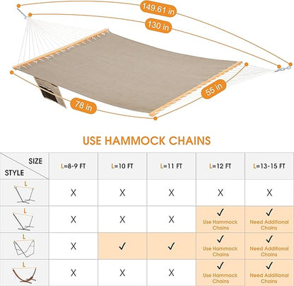 Lazy Daze Hammocks 11 FT Double Outside Hammock Quick Dry Olefin Fabric Hammock with Spreader Bar & Side Pocket for Outdoor Poolside Backyard 450 lbs Capacity, Khaki