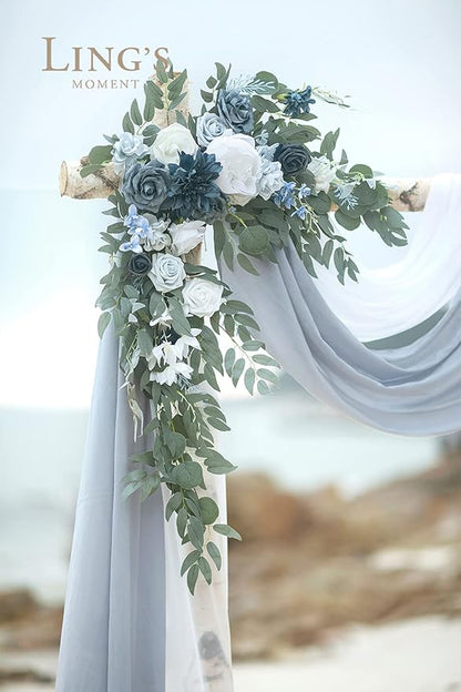 Artificial Flowers Set, Dusty Blue Sheer Drapes and Swag, 4 Pieces