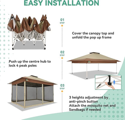 COBIZI 13x13 FT Pop up Gazebo on Clearance - Outdoor pop up Canopy Tent,carpas para Patio, Shelter - Screen Tents with Portable Carry Bag, Patio Gazebos for Camping,Garden,Deck,Backyard,Khaki