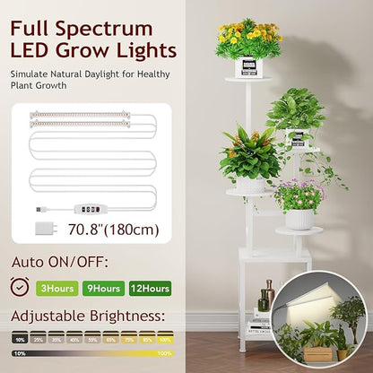 Plant Stand Indoor with Grow Light, 5-Tiered Tall Plant Stand Indoor, Metal Plant Shelf with Adjustable Light, Ideal for Living Room, Garden, Round Patio white