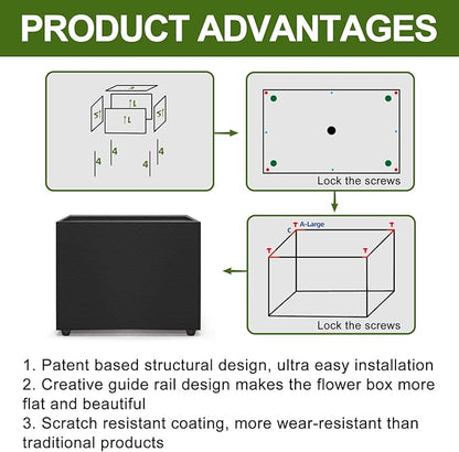 Planter Box Rectangular Block - 16×12×12IN Galvanized Steel Metal Long Box Planter Easy Installation Modern Outdoor Tall Planters All-Weather Use with Drainage Holes for Patio/Porch(Black)