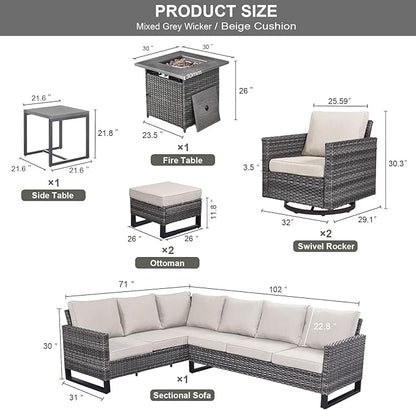 Belord Patio Sectional Furniture Set with Fire Pit Table: 8 Pieces Wicker Patio Conversation Set with L Shaped Sofa, Outdoor Swivel Glider Rocker, Rattan Ottomans, Removable Cushions Beige