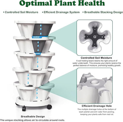 Strawberry Planters, 7 Tiered Vertical Stackable Planter, Herb Stacking Tower Garden, Flower Vegetable Planters with Support Pole, Indoor & Outdoor with Removable Wheels - White