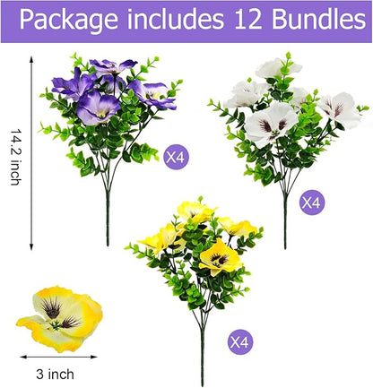 Pansies Artificial Flowers for Outdoors UV Resistant 12 Bundles Silk Pansy Plastic Fake Plants Flowers for Home Outside Garden Window Box Patio Planter Porch Decor (Mixed Color2)