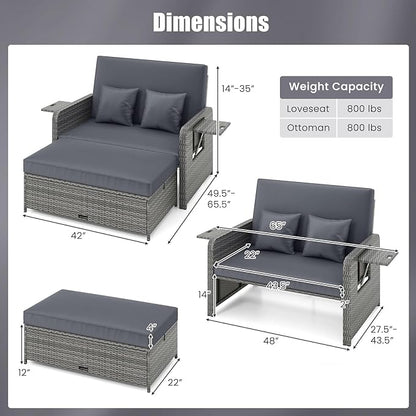 HAPPYGRILL Patio Rattan Wicker Daybed with Loveseat & Storage Ottoman, Outdoor Lounge Sofa Furniture Set with Adjustable Backrest & Side Trays, for Poolside Deck Porch Lawn (Mix Grey & Grey)