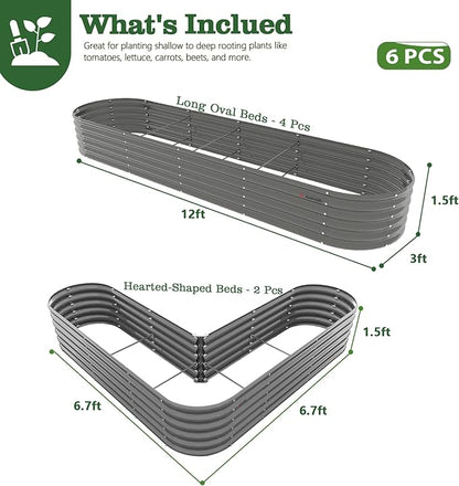 A ANLEOLIFE Set of 6, 18 Inch Tall Quartz Grey Raised Garden Beds Kit, Heart-Shaped & Long Oval Planters for Creative Garden Layouts.