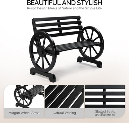 VINGLI Rustic Wooden Wheel Bench Outdoor Bench, Patio Bench Wagon Slatted Seat, Garden Benches for Outdoors 350lbs High Capacity, Weather Resistance (Black, 41in)